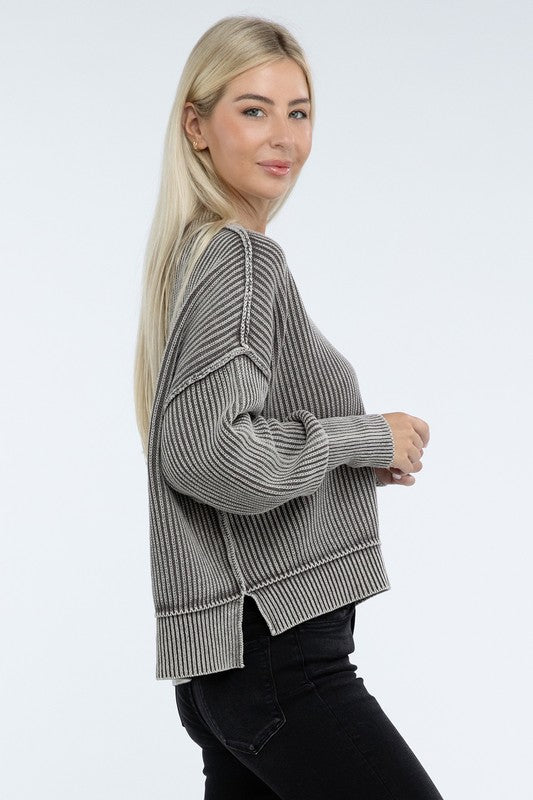 Washed Side Slit Oversized Cropped Sweater - Global Village Kailua Boutique