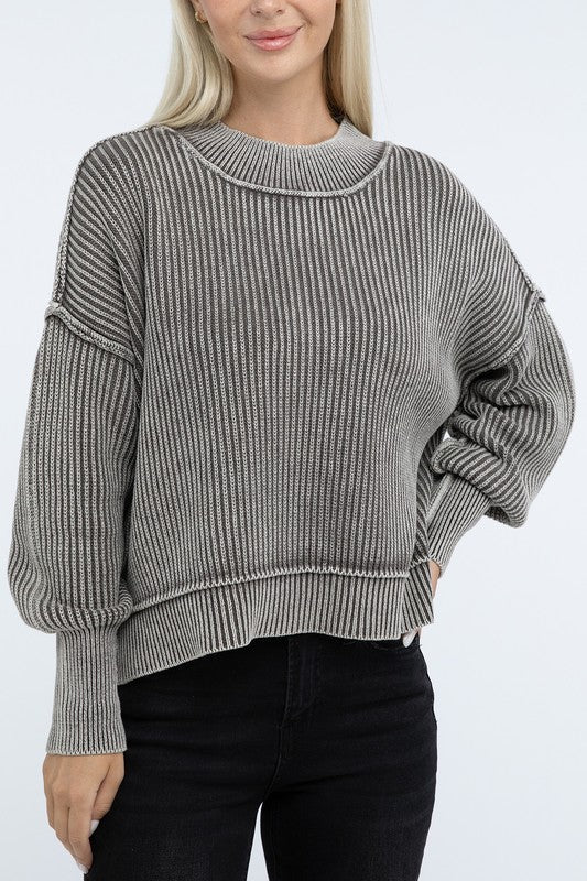 Washed Side Slit Oversized Cropped Sweater - Global Village Kailua Boutique