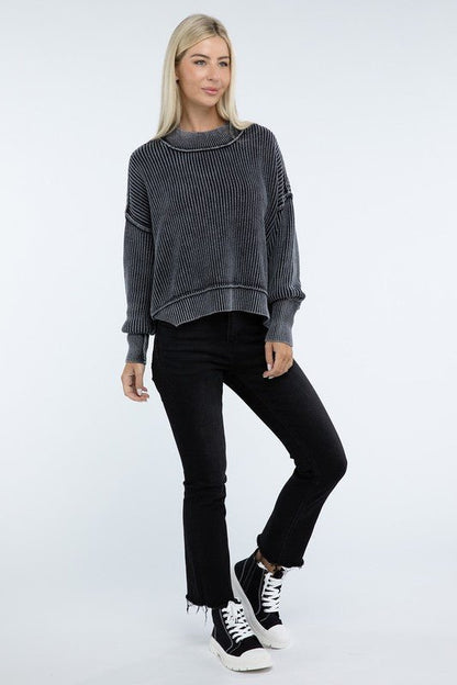 Washed Side Slit Oversized Cropped Sweater - Global Village Kailua Boutique