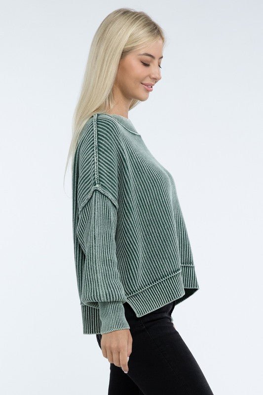 Washed Side Slit Oversized Cropped Sweater - Global Village Kailua Boutique