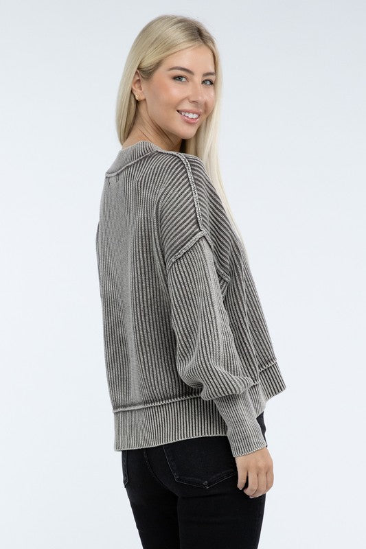 Washed Side Slit Oversized Cropped Sweater - Global Village Kailua Boutique