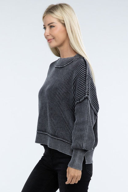 Washed Side Slit Oversized Cropped Sweater - Global Village Kailua Boutique