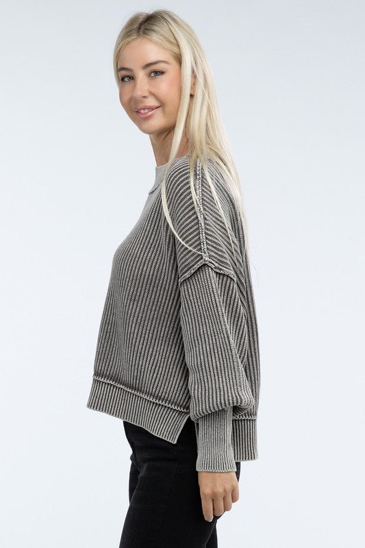 Washed Side Slit Oversized Cropped Sweater - Global Village Kailua Boutique