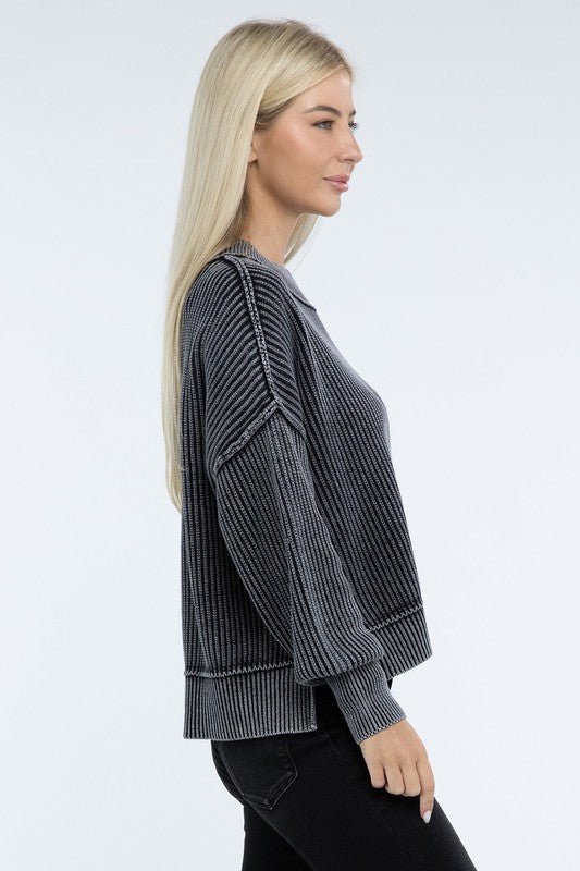 Washed Side Slit Oversized Cropped Sweater - Global Village Kailua Boutique