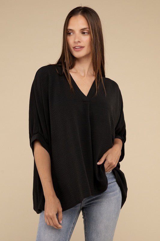 Woven Airflow V - Neck Puff Half Sleeve Top - Global Village Kailua Boutique