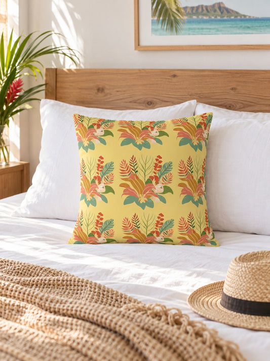 Yellow tropical floral faux suede pillow styled on crisp white bedding in a bright Hawaiʻi-inspired guest bedroom.