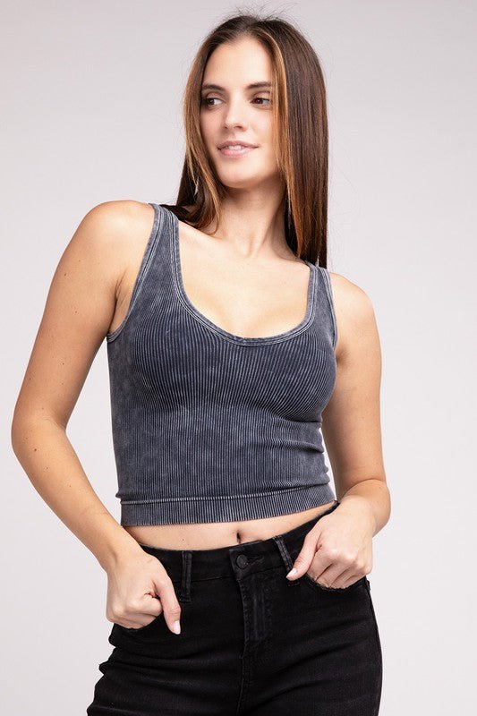 2 Way Neckline Washed Ribbed Cropped Tank Top - Global Village Kailua Boutique