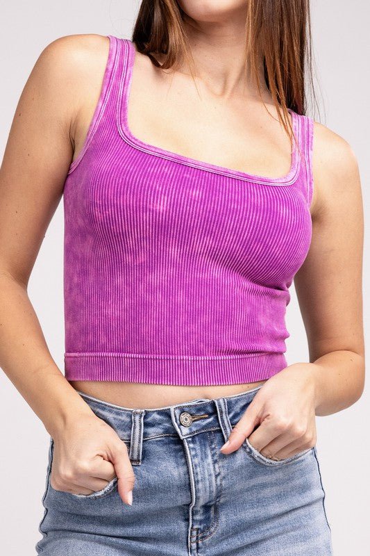 2 Way Neckline Washed Ribbed Cropped Tank Top - Global Village Kailua Boutique