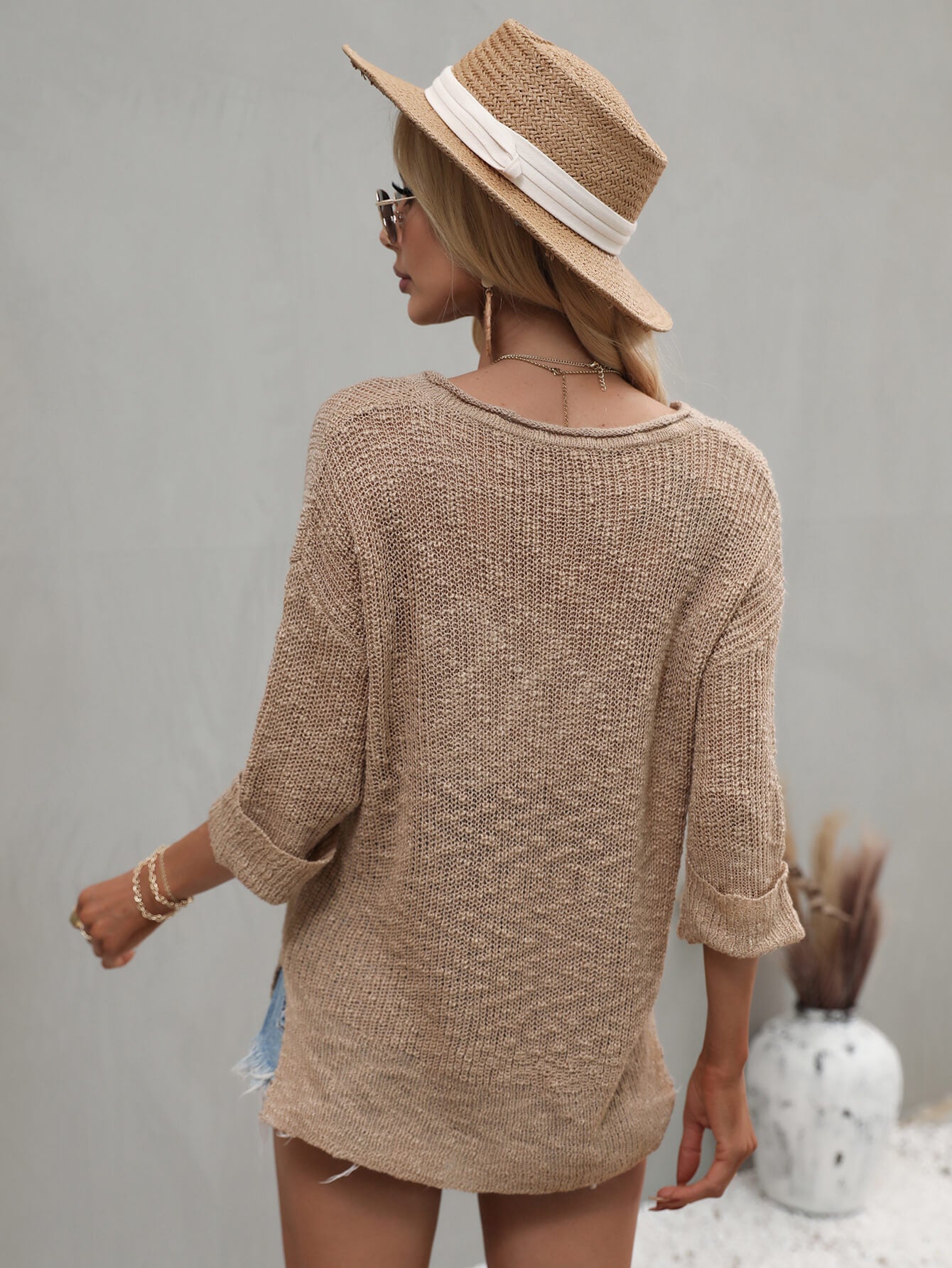 3/4 Sleeve Side Slit Sweater - Global Village Kailua Boutique