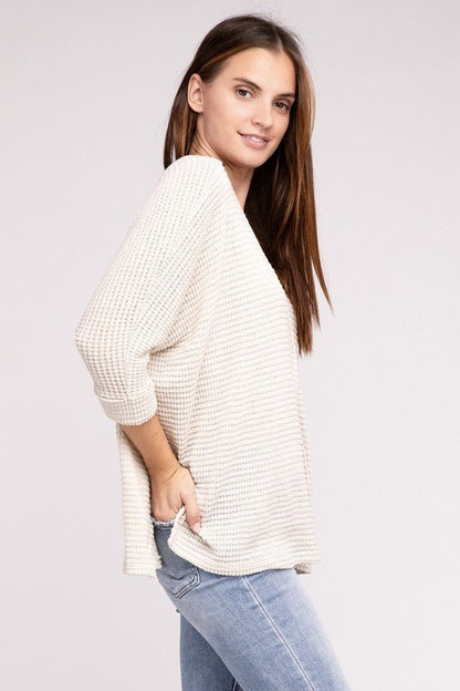 3/4 Sleeve V-Neck Hi-Low Hem Jacquard Sweater - Global Village Kailua Boutique