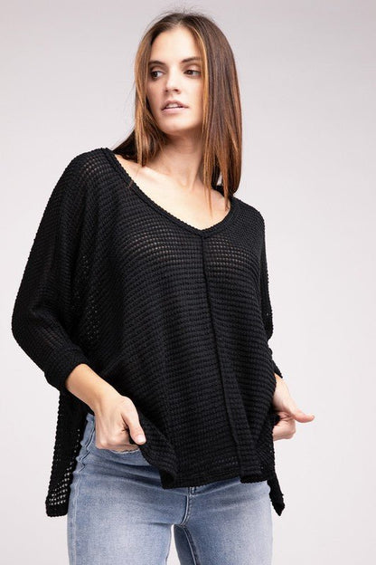 3/4 Sleeve V-Neck Hi-Low Hem Jacquard Sweater - Global Village Kailua Boutique