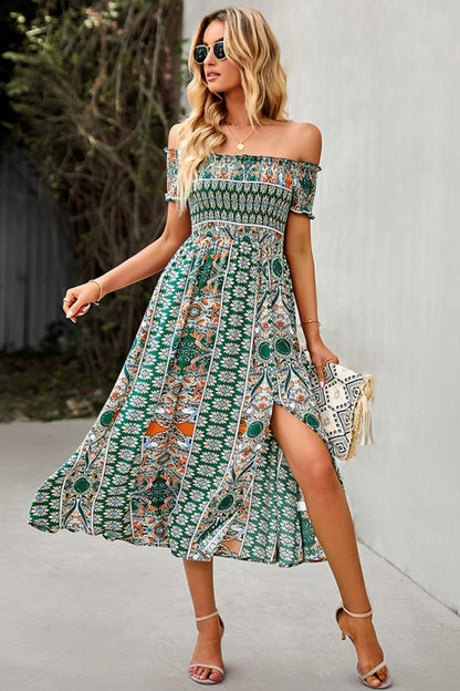 Bohemian Off-Shoulder Frill Trim Split Dress - Global Village Kailua Boutique