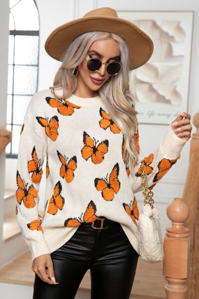 Butterfly Round Neck Long Sleeve Sweater - Global Village Kailua Boutique