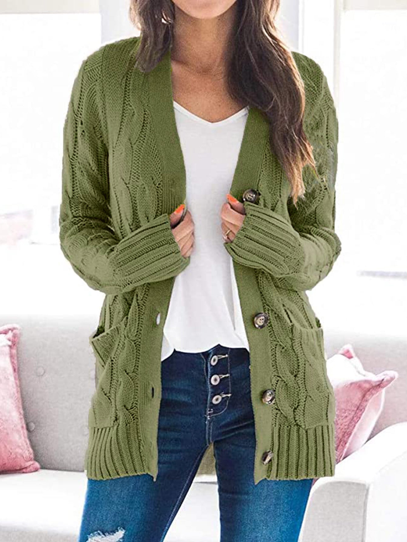 Cable-Knit Buttoned Cardigan with Pockets - Global Village Kailua Boutique