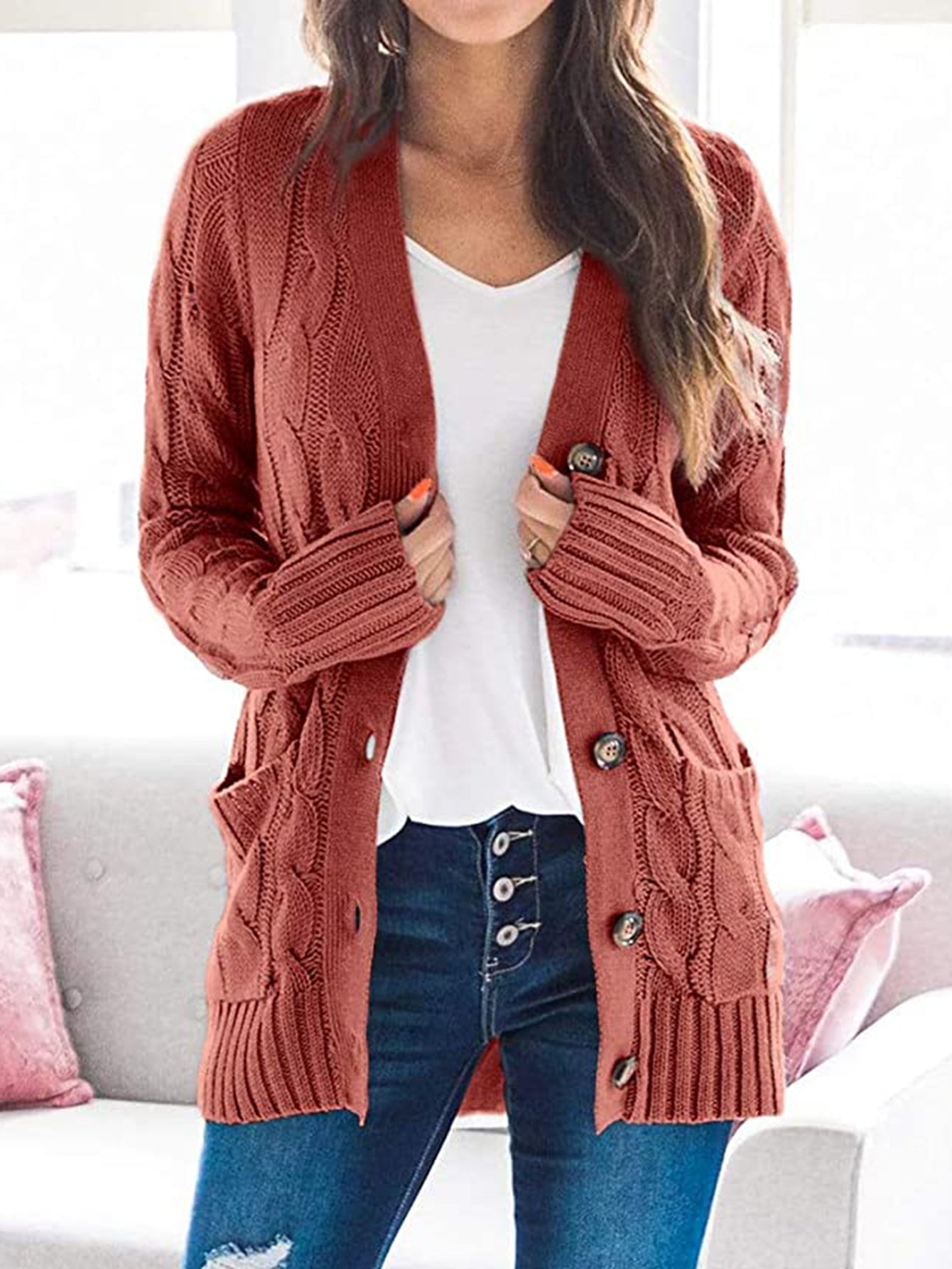 Cable-Knit Buttoned Cardigan with Pockets - Global Village Kailua Boutique