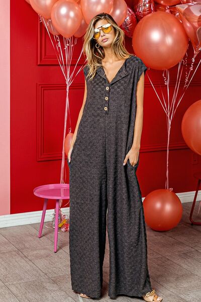 Checkered Cap Sleeve Wide Leg Jumpsuit with Pockets - Global Village Kailua Boutique