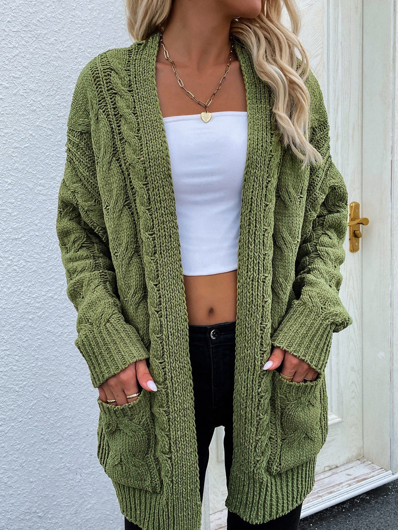 Chunky Cable-Knit Open Front Cardigan Global Village Kailua Boutique