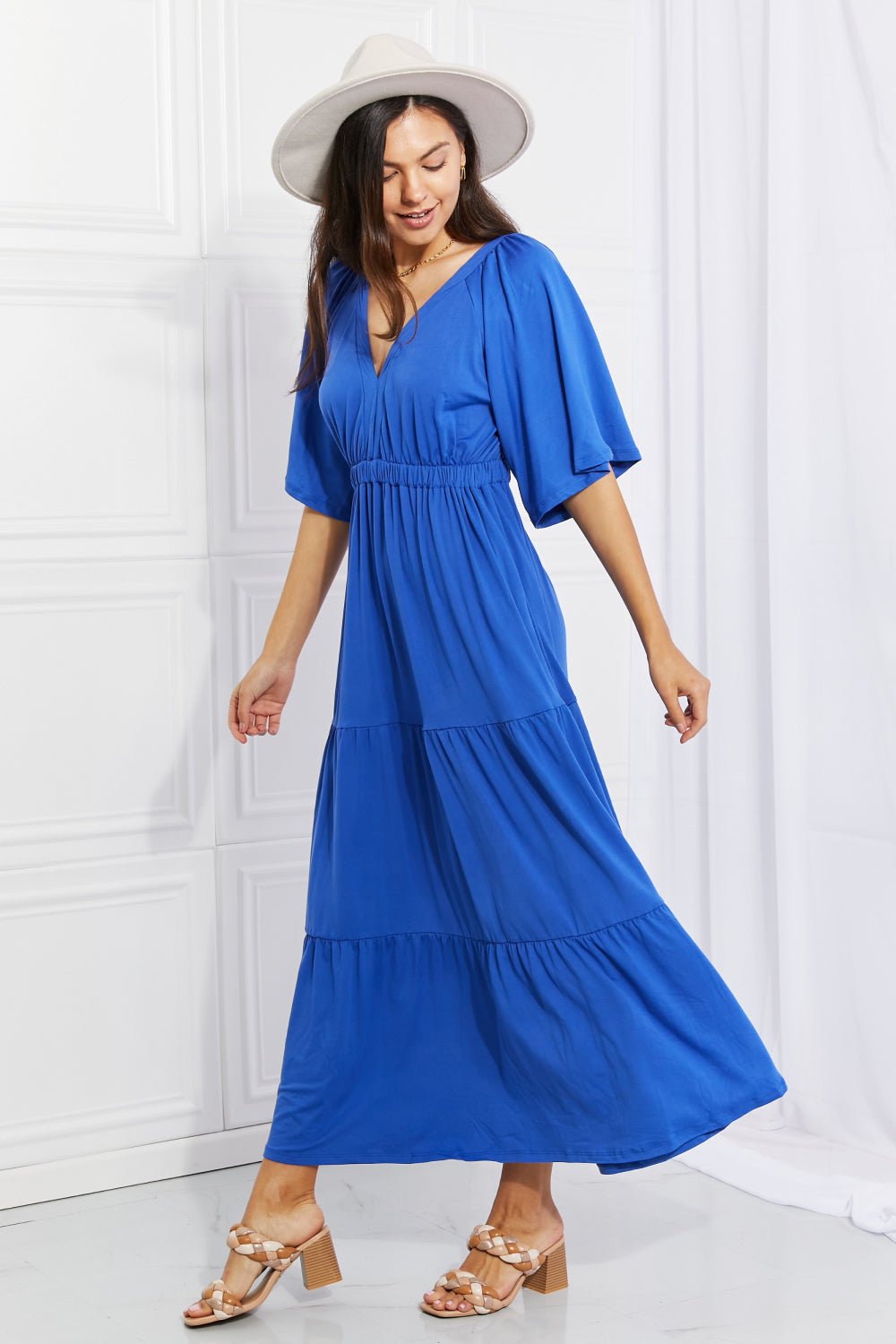 Cobalt Blue Flare Sleeve Tiered Maxi Dress - Global Village Kailua Boutique