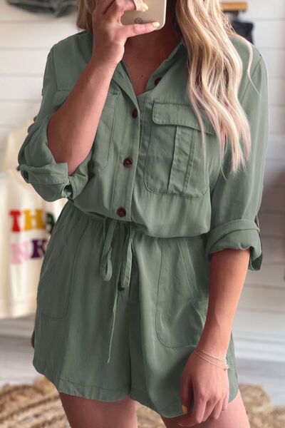 Collared Neck Drawstring Roll-Tab Sleeve Romper - Global Village Kailua Boutique