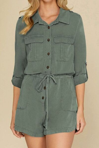 Collared Neck Drawstring Roll-Tab Sleeve Romper - Global Village Kailua Boutique
