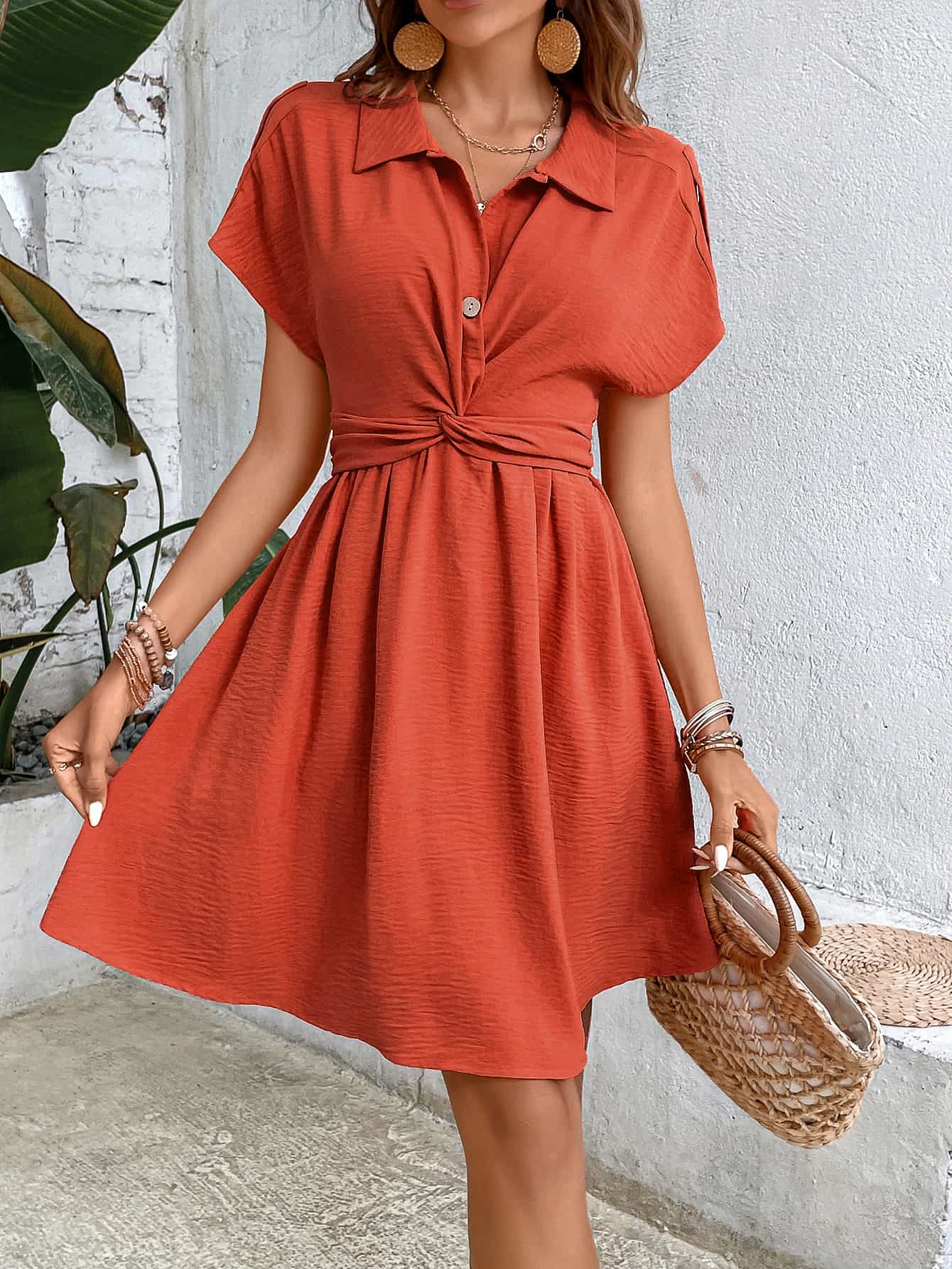 Collared Neck Short Sleeve Twisted Dress - Global Village Kailua Boutique