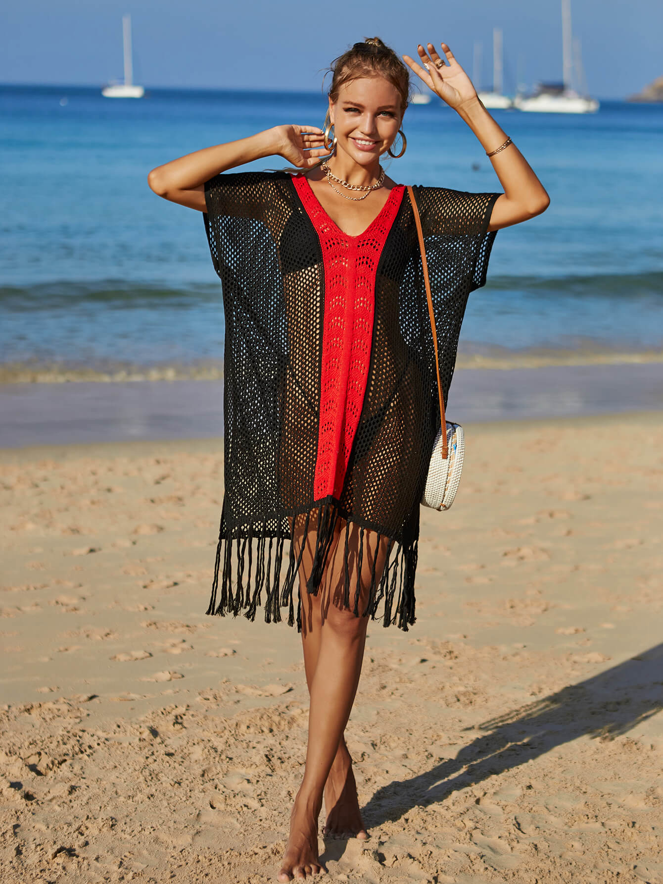 Contrast Fringe Trim Openwork Cover-Up Dress - Global Village Kailua Boutique