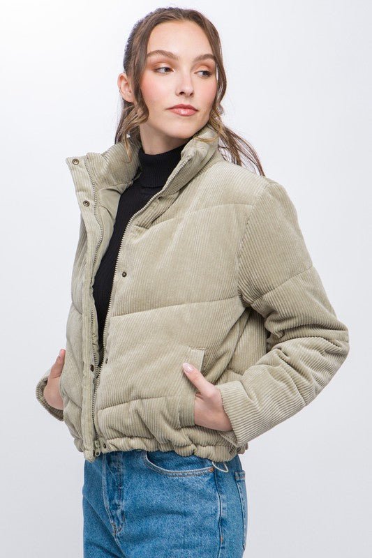 Corduroy Puffer Jacket with Toggle Detail - Global Village Kailua Boutique