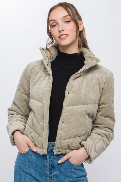 Corduroy Puffer Jacket with Toggle Detail - Global Village Kailua Boutique