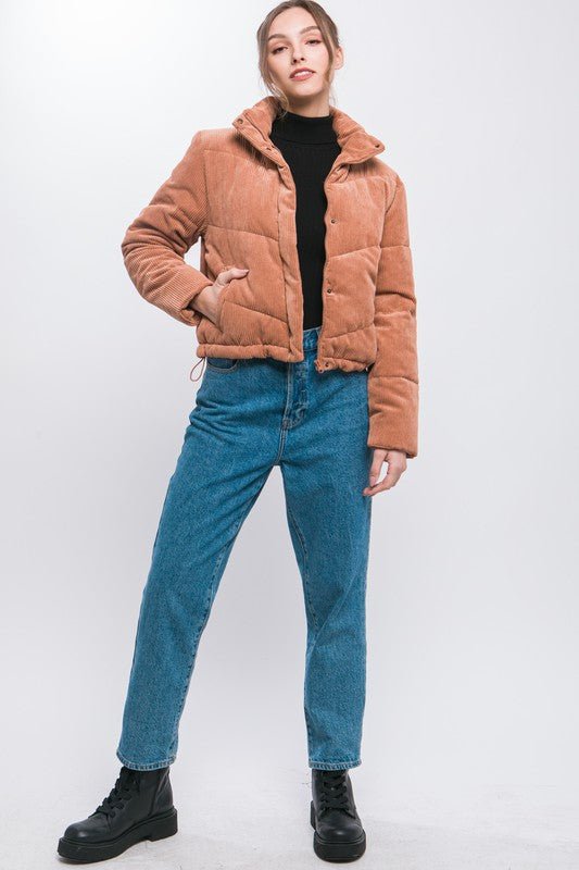 Corduroy Puffer Jacket with Toggle Detail - Global Village Kailua Boutique