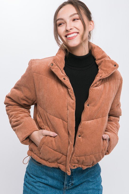 Corduroy Puffer Jacket with Toggle Detail - Global Village Kailua Boutique