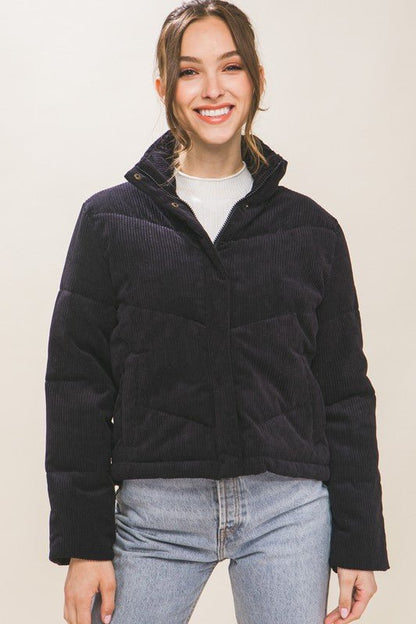 Corduroy Puffer Jacket with Toggle Detail - Global Village Kailua Boutique