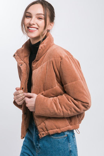 Corduroy Puffer Jacket with Toggle Detail - Global Village Kailua Boutique