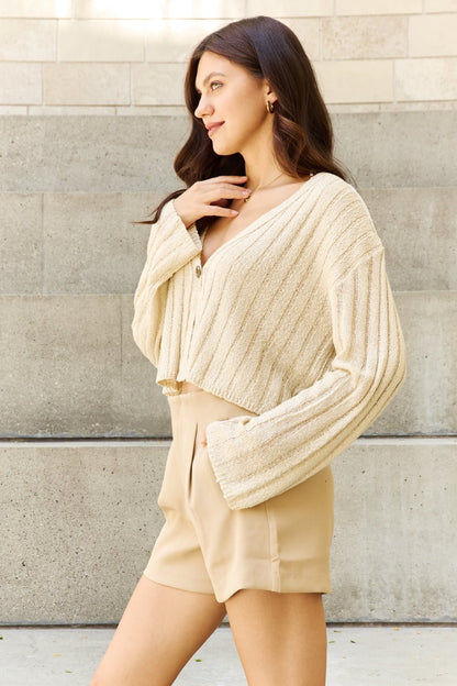 Cropped Ribbed Cardigan in Oatmeal - Global Village Kailua Boutique