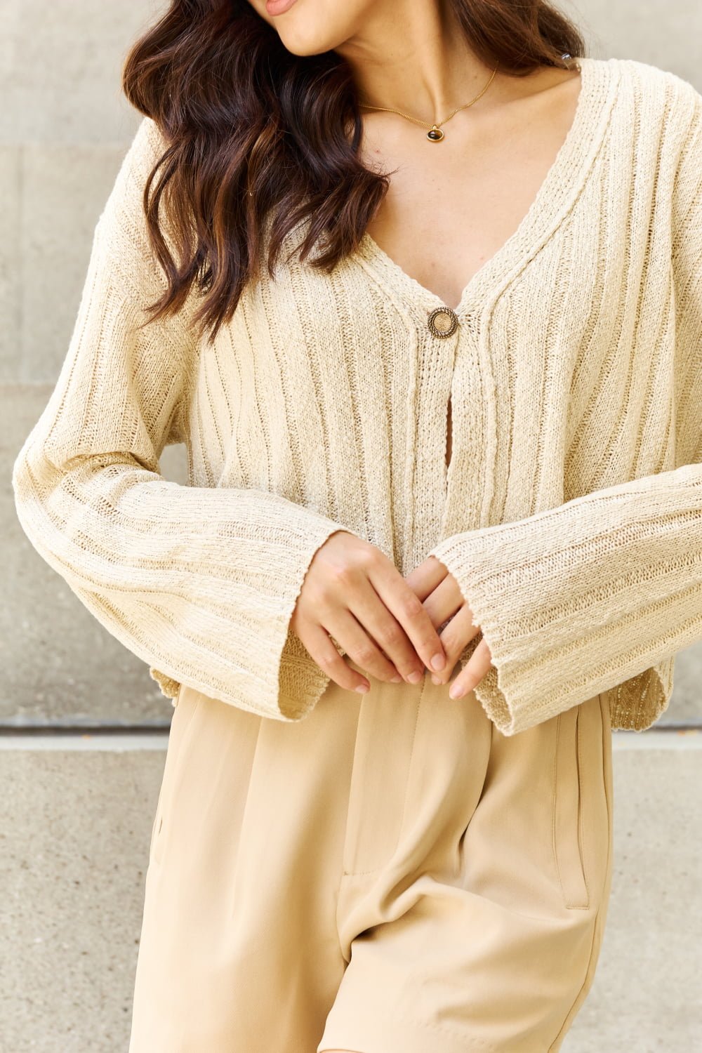 Cropped Ribbed Cardigan in Oatmeal - Global Village Kailua Boutique