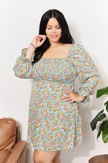 Double Take Floral Smocked Flounce Sleeve Square Neck Dress - Global Village Kailua Boutique