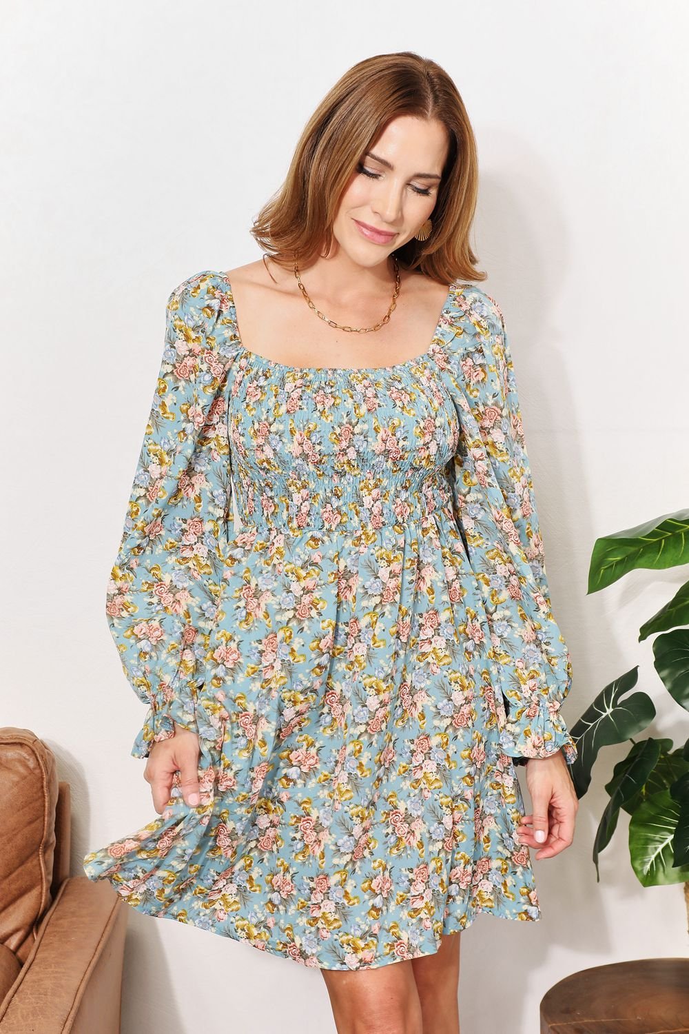 Double Take Floral Smocked Flounce Sleeve Square Neck Dress - Global Village Kailua Boutique