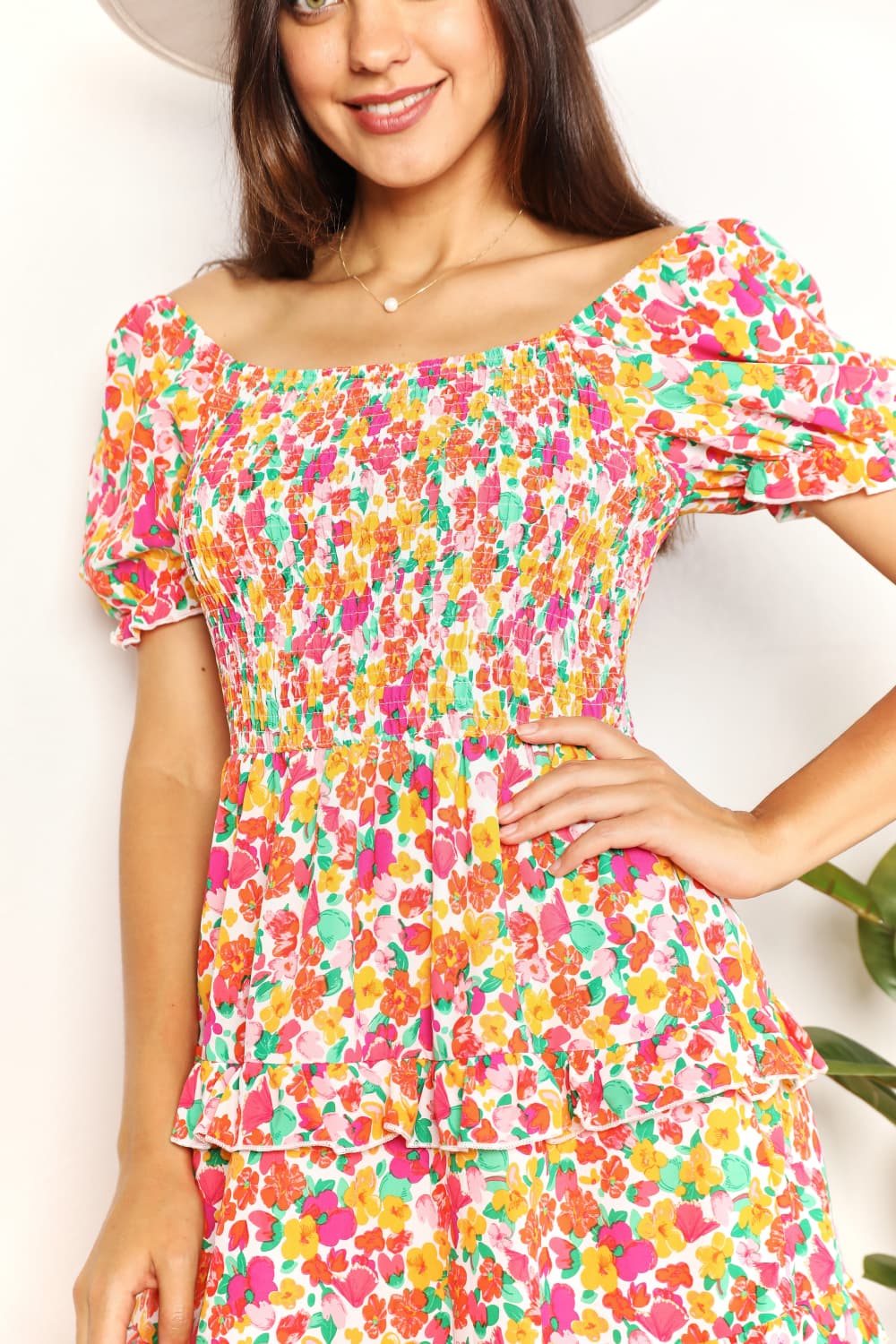 Double Take Smocked Sweetheart Neck Flounce Sleeve Mini Dress - Global Village Kailua Boutique