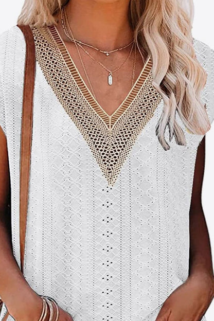 Eyelet Contrast V-Neck Tee - Global Village Kailua Boutique