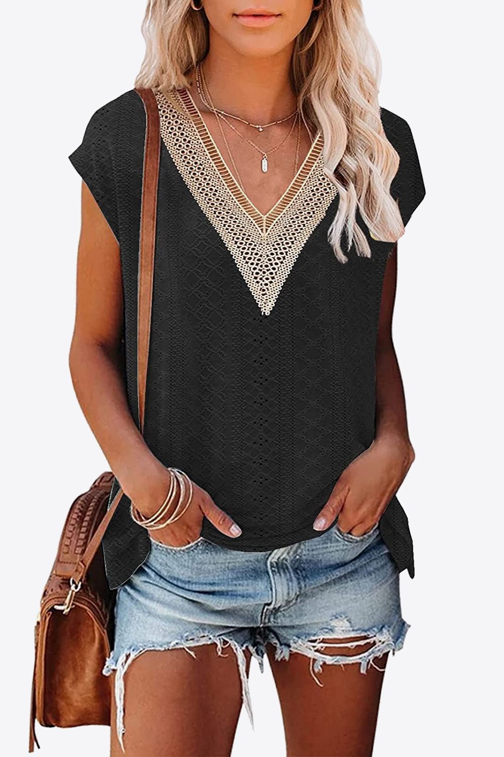 Eyelet Contrast V-Neck Tee - Global Village Kailua Boutique