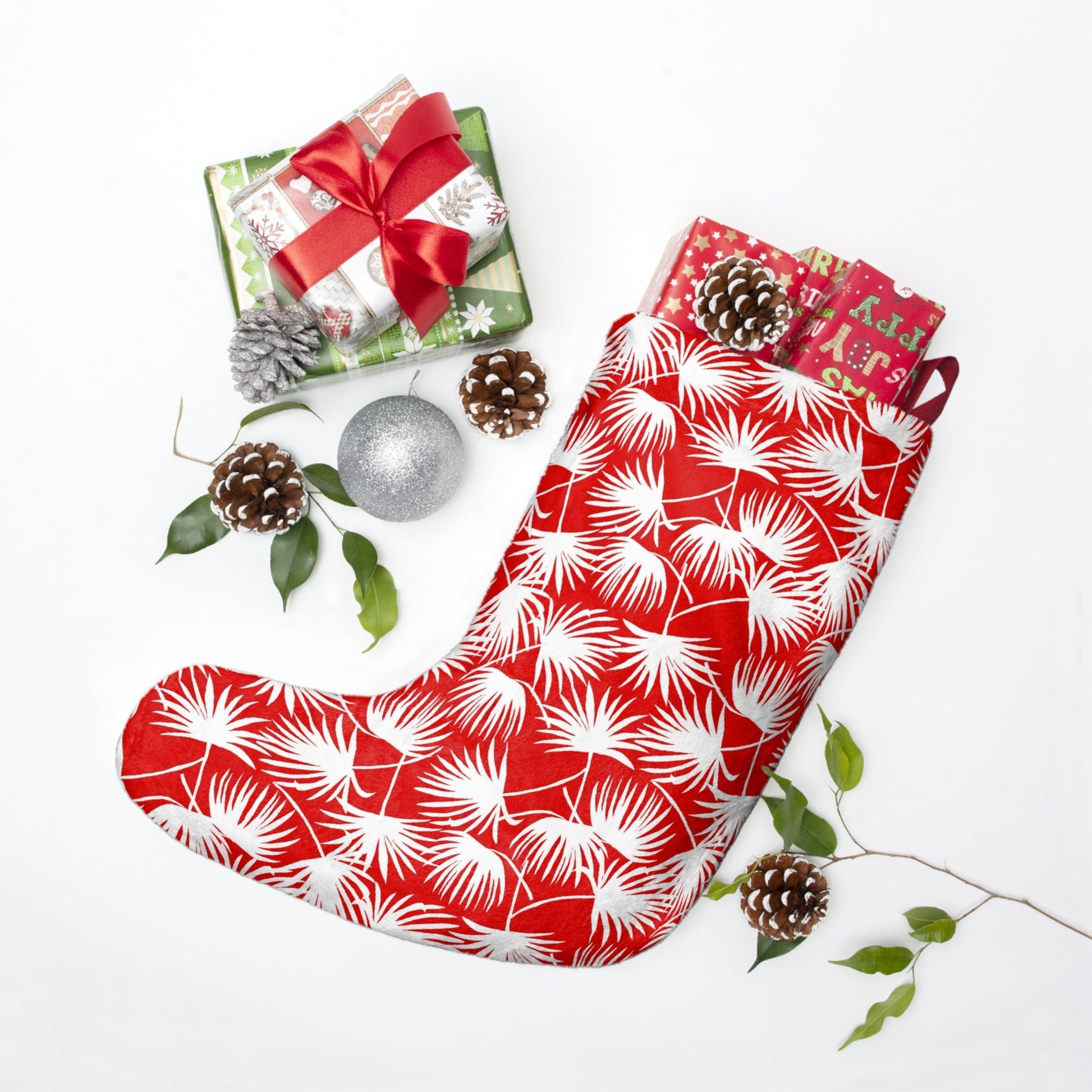 Fan Palm Red Christmas Stockings - Global Village Kailua Boutique