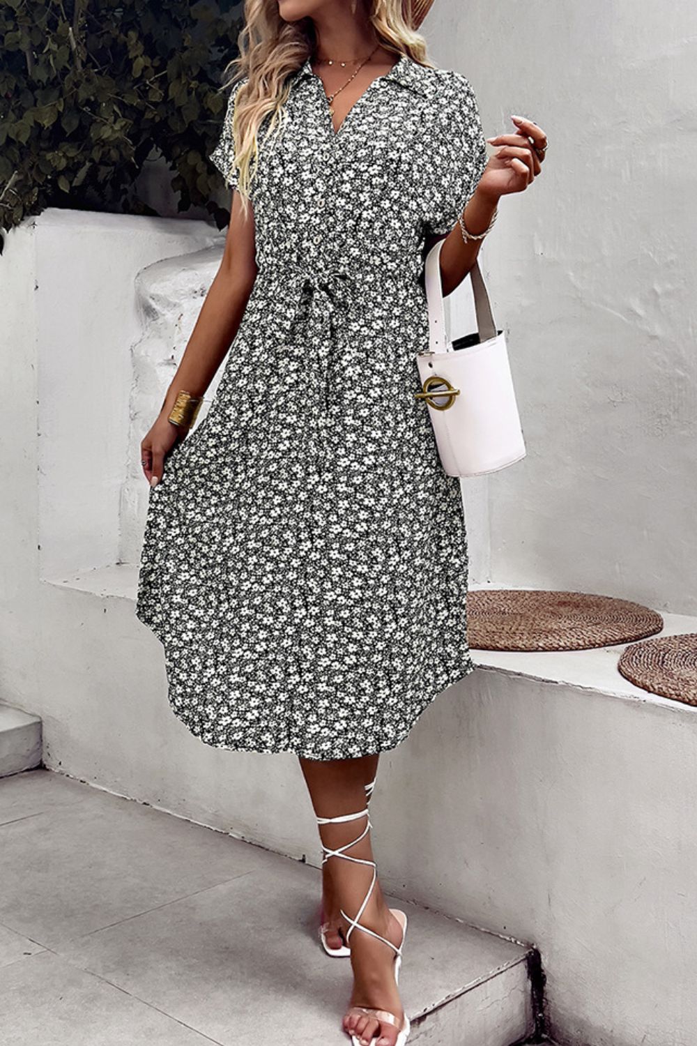 Floral Johnny Collar Short Sleeve Midi Dress - Global Village Kailua Boutique