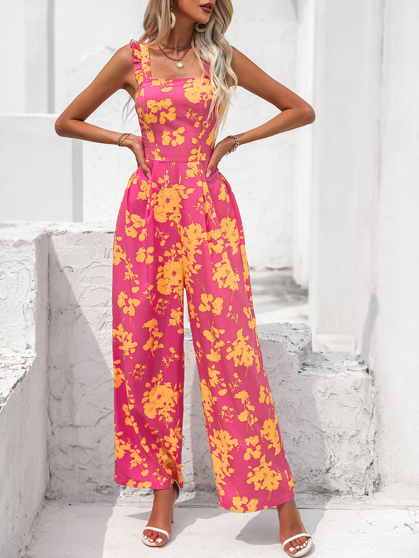 Floral Pink Yellow Tie Back Jumpsuit - Global Village Kailua Boutique