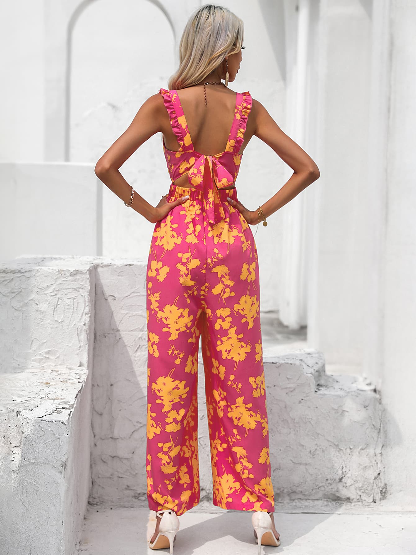 Floral Pink Yellow Tie Back Jumpsuit - Global Village Kailua Boutique