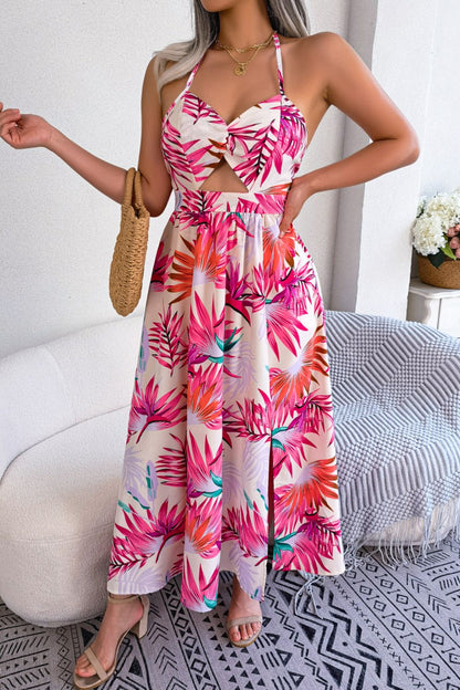 Floral Print Halter Cutout Dress - Global Village Kailua Boutique