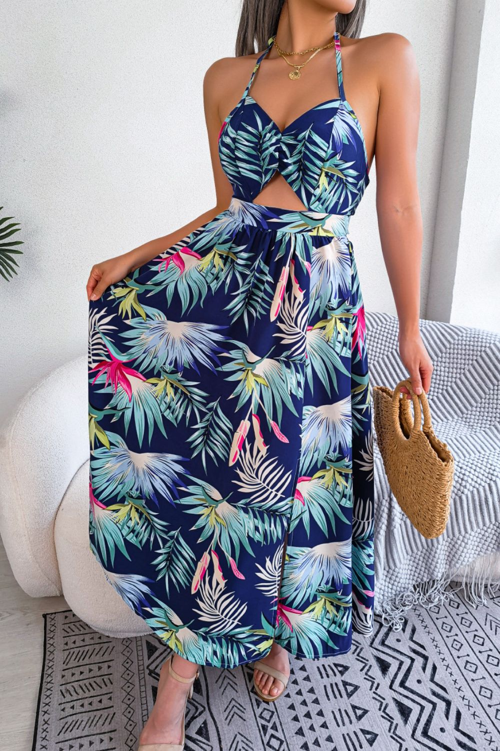 Floral Print Halter Cutout Dress Global Village Kailua Boutique