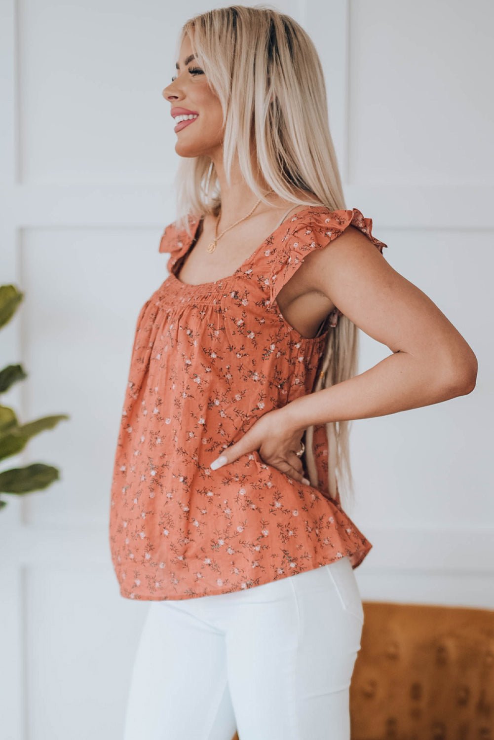 Floral Smocked Square Neck Top - Global Village Kailua Boutique