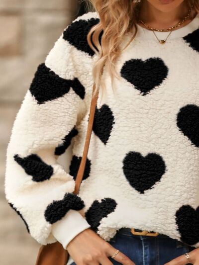 Fuzzy Heart Dropped Shoulder Sweater - Global Village Kailua Boutique