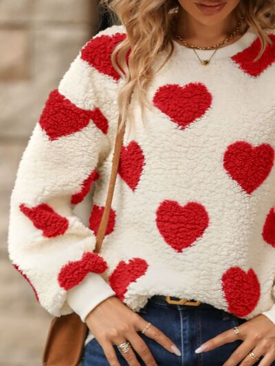 Fuzzy Heart Dropped Shoulder Sweater - Global Village Kailua Boutique