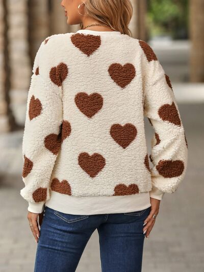 Fuzzy Heart Dropped Shoulder Sweater - Global Village Kailua Boutique