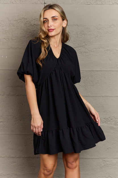 Hailey & Co Comfort Cutie Double V-Neck Puff Sleeve Mini Dress - Global Village Kailua Boutique